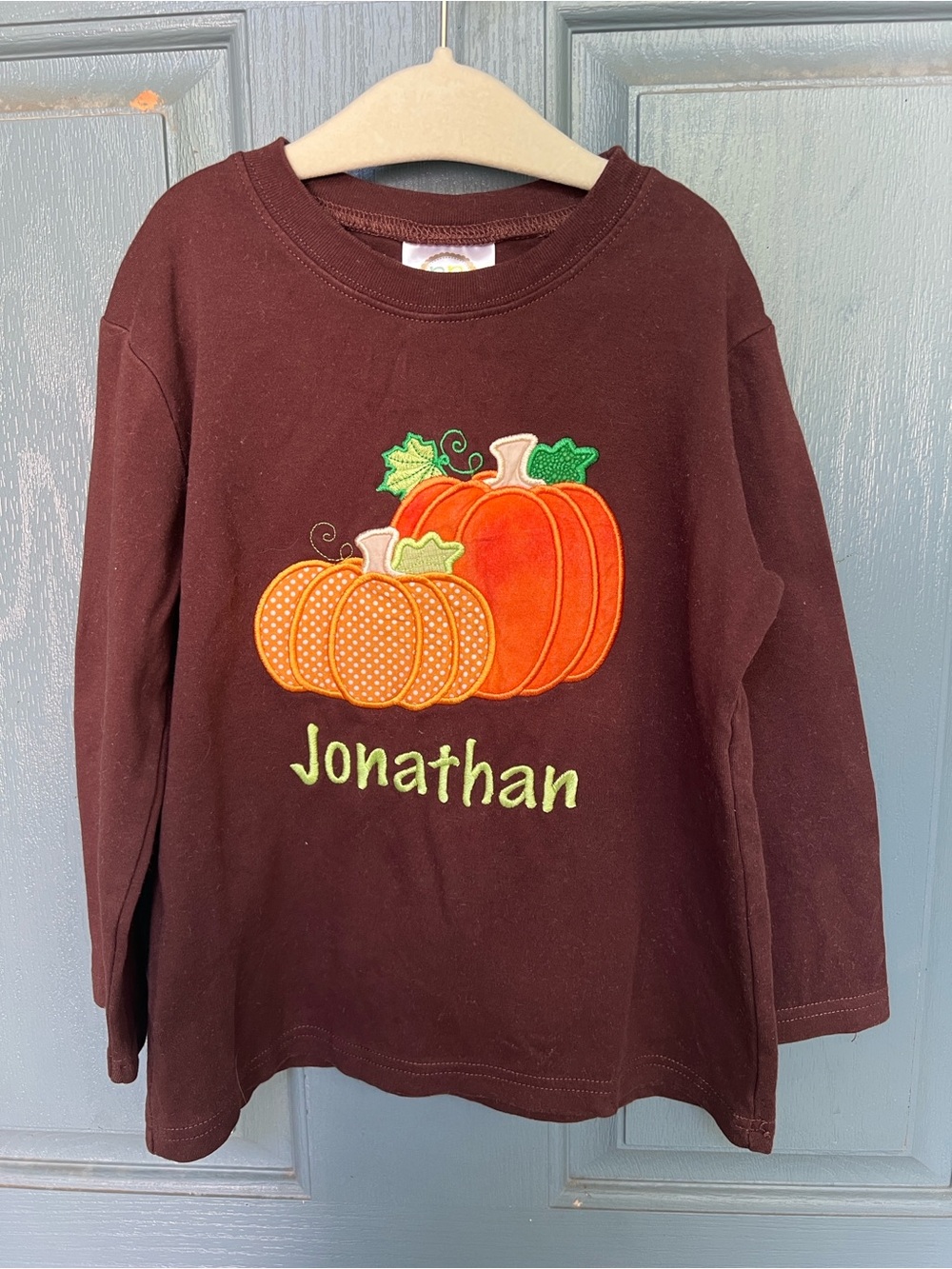 Boy’s Pumpkin Applique Monogrammed “Jonathan” Long Sleeve T-Shirt - Brown with